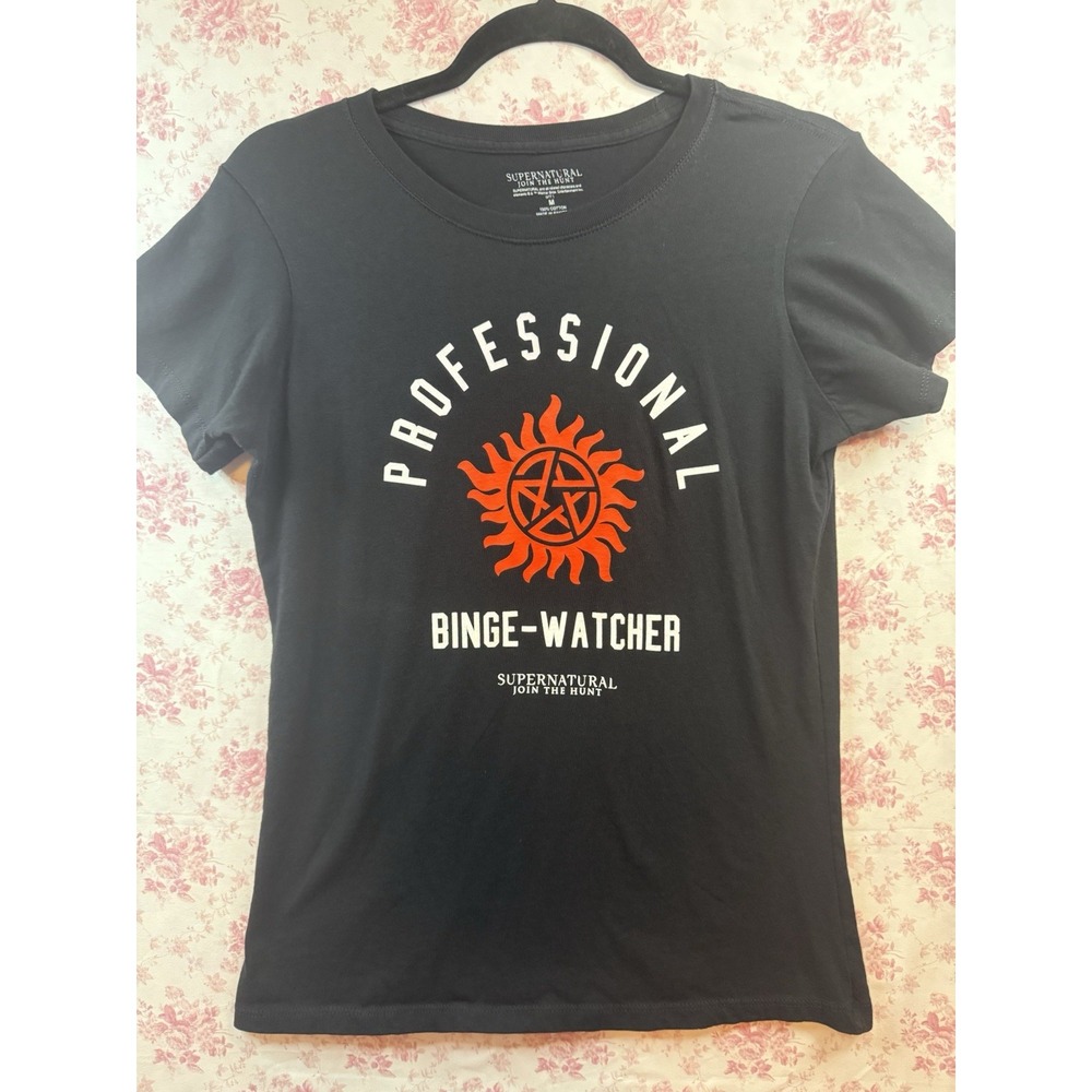 Supernatural Professional Binge-Watcher T-Shirt Women's Size M Black Graphic Tee